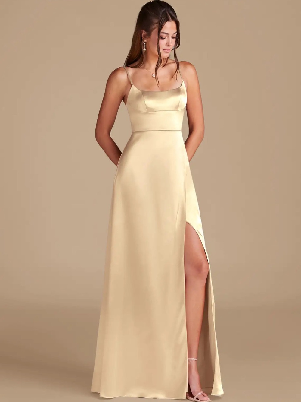 Satin Spaghetti-Strap Gown in Metallic Gold